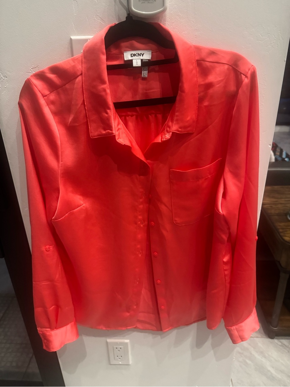 DKNY Coral-Red Satin Button-Down Blouse